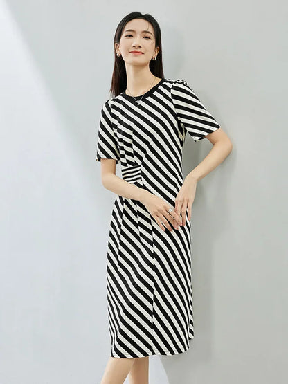 SENTUBILA Black White Striped Spliced Dress For Women 2024 Summer New Round Neck Short Sleeve Midi Dresses Clothing 142L53548