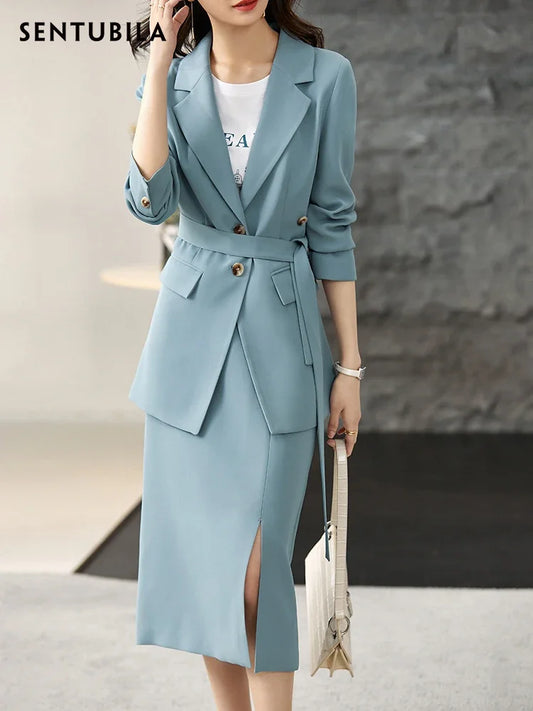 SENTUBILA 2-Piece Blazer Suit Set Belt Slim Fit with Split Midi Skirt