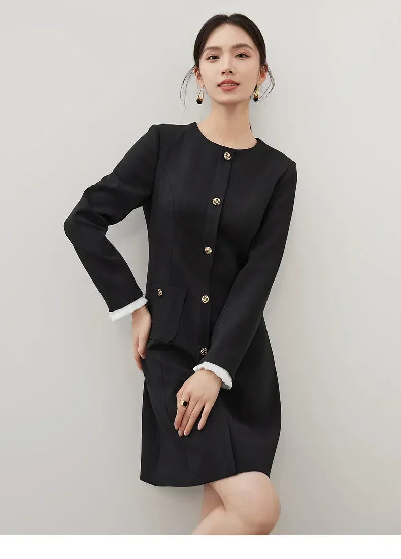 SENTUBILA Spliced Mini Black Buttons Front Long Sleeve Fitted Evening Dress