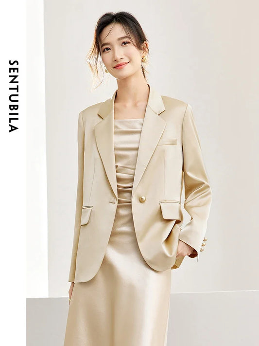 SENTUBILA Satin Blazer Notched Tailored Suit Jacket