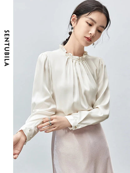 SENTUBILA Folds Satin Detail Blouse Autumn Chiffon Elegant Ruffled Long Sleeve Pullover