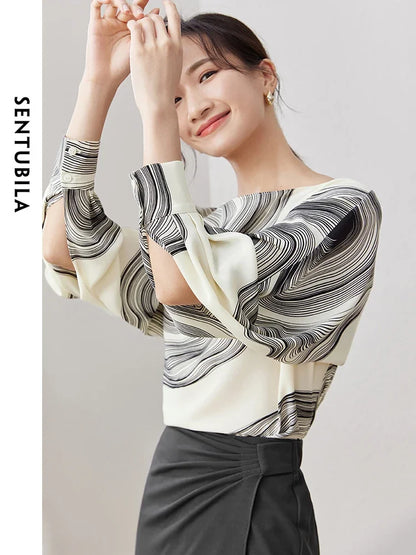 SENTUBILA Printing Chiffon Blouse Vintage Elegant Loose Long Sleeve