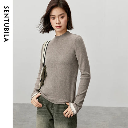 SENTUBILA Cotton Patchwork New Knitted Casual Half High Collar Pullover