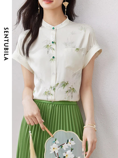 SENTUBILA Chinese Style Comfort Stand Collar Floral Summer Straight Button Up Elegant Blouses