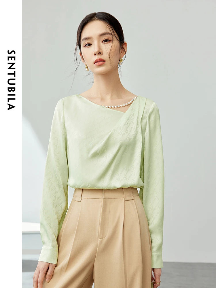 SENTUBILA Green Letter Jacquard Chiffon Blouse