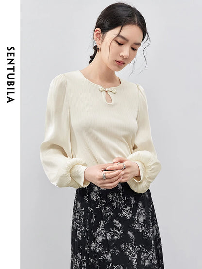 SENTUBILA Hollow Out U Collar Blouse Women 2024 Autumn Chiffon Casual patchwork Lantern Sleeve Elegant Pullover Shirt