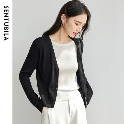 SENTUBILA Patchwork Wool Cardigan 2025 Spring New Spliced Knitwear