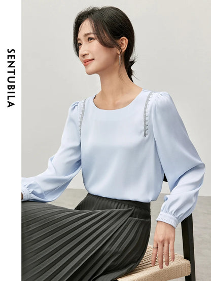 SENTUBILA Spliced Embroidery Blouse Chiffon Straight Crew Neck Puff Sleeve Texture