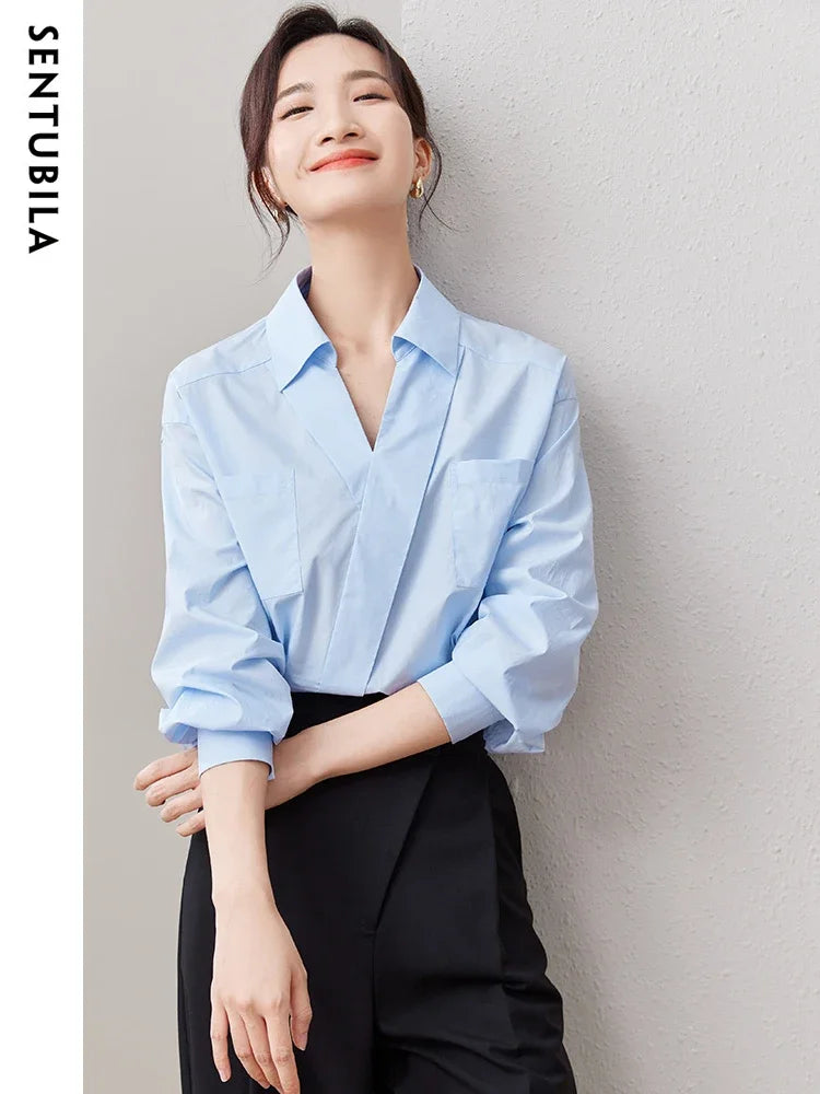 SENTUBILA Comfortable 100% Cotton Blue Shirt