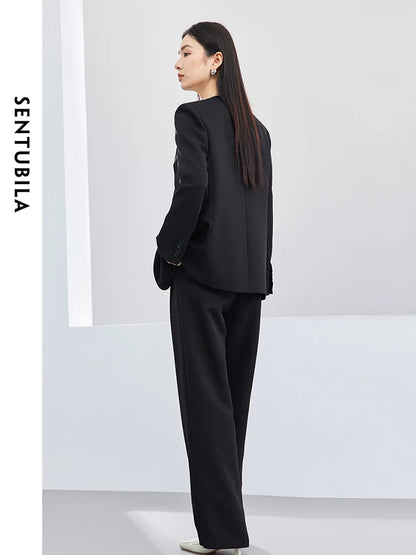 SENTUBILA 3-Piece Suit Office Workwear Outfits Black Waistcoat Blazer Wide Leg Pants Set