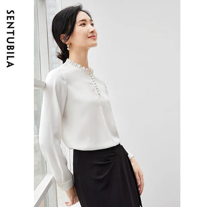 SENTUBILA White Blouse Casual Loose Chiffon Stand-up Collar Long Sleeve Elegant