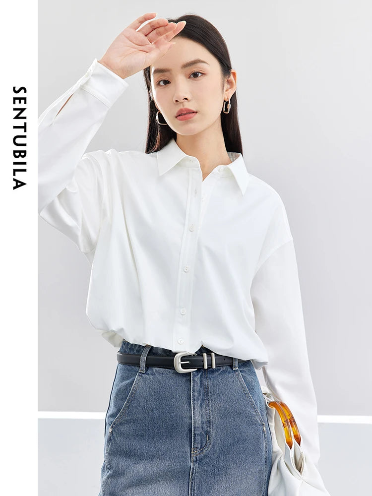 SENTUBILA Cropped White Solid Polo Collar Button Up