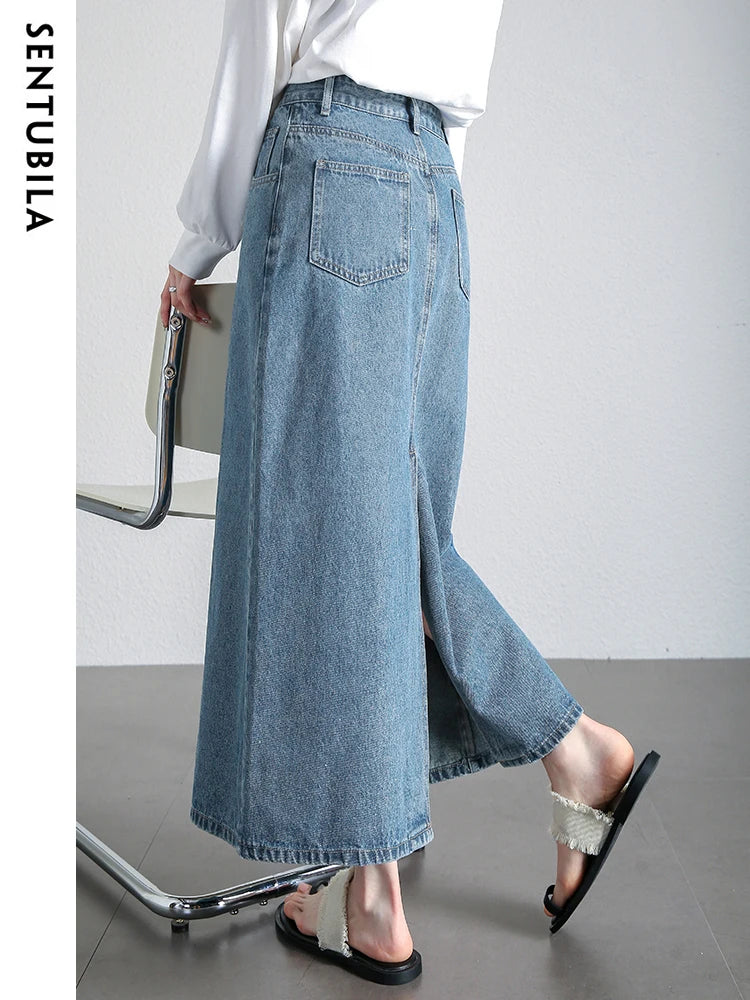 SENTUBILA High Waist Straight Split A-line Long Denim Skirts Retro Jean Maxi Skirt