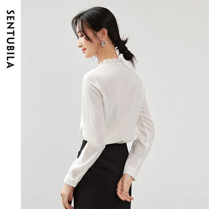 SENTUBILA White Blouse Casual Loose Chiffon Stand-up Collar Long Sleeve Elegant