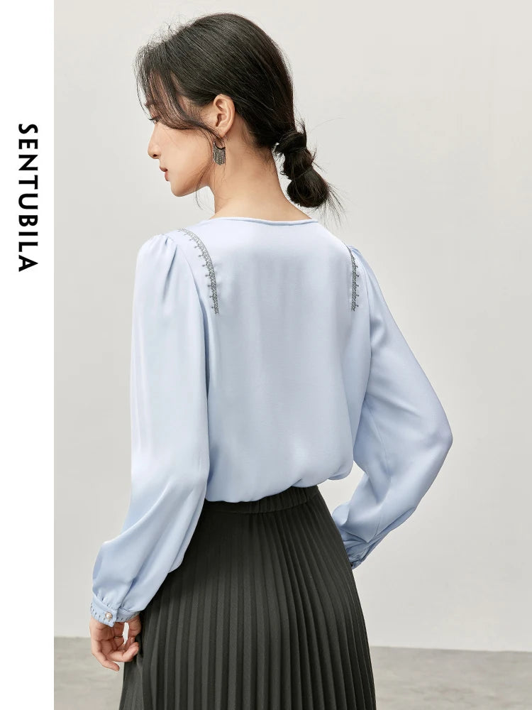 SENTUBILA Spliced Embroidery Blouse Chiffon Straight Crew Neck Puff Sleeve Texture