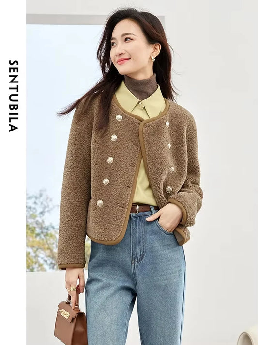 SENTUBILA Brown Round Neck Double Breasted Faux Fur Fluffy Crop Jacket