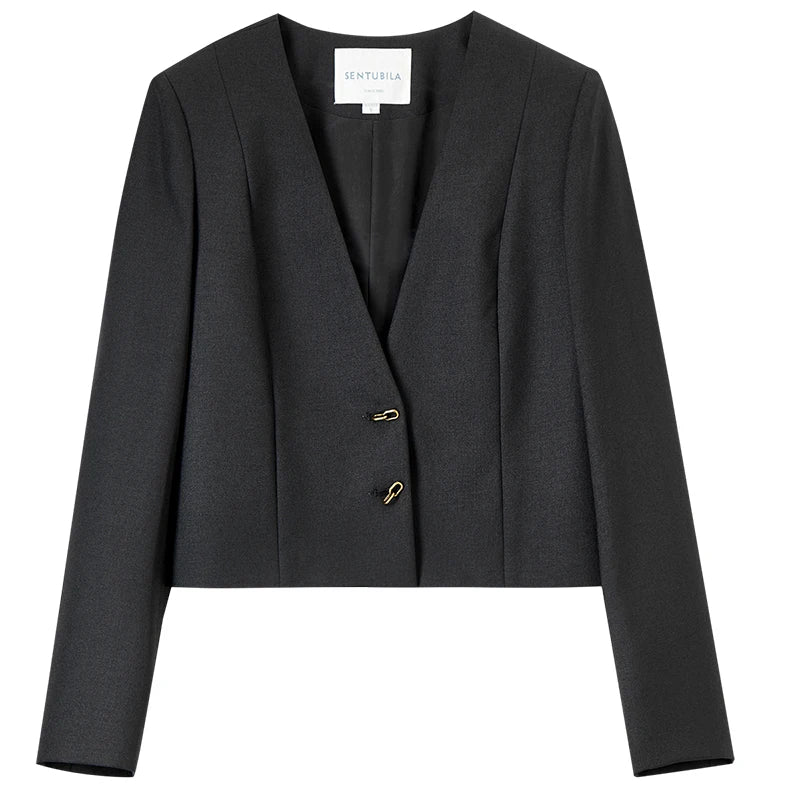 SENTUBILA Cropped Tailored Straight Texture V Neck Long Sleeve Single Breasted Blazer