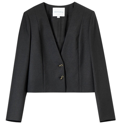 SENTUBILA Cropped Tailored Straight Texture V Neck Long Sleeve Single Breasted Blazer