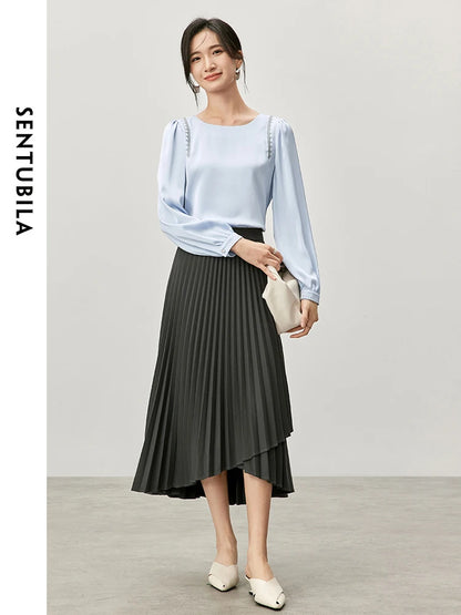 SENTUBILA Spliced Embroidery Blouse Chiffon Straight Crew Neck Puff Sleeve Texture