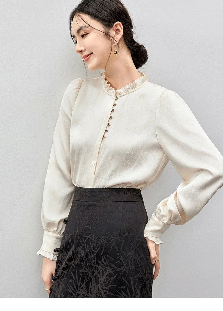 SENTUBILA Elegant Jacquard Shirt Chiffon Ruffles Sleeve Single Breasted Blouses