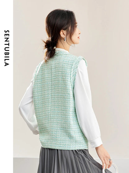 SENTUBILA V-neck Green Tweed Waistcoat