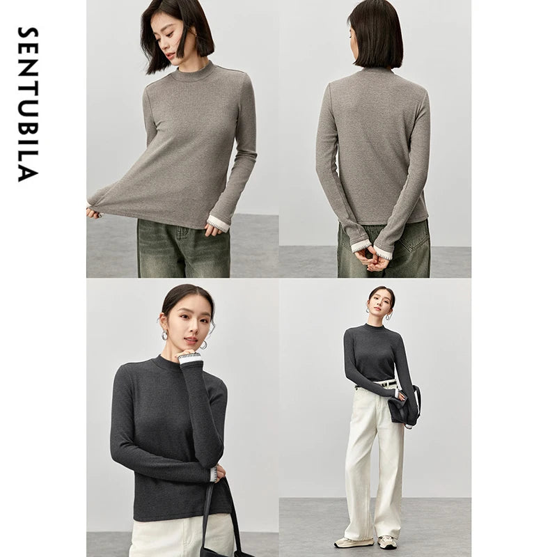 SENTUBILA Cotton Patchwork New Knitted Casual Half High Collar Pullover