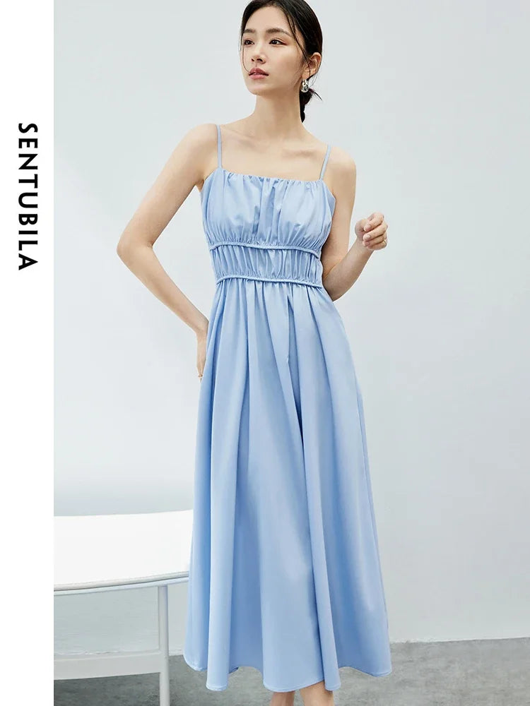 SENTUBILA Blue Spaghetti Strap Vacation Dress for Women 2024 Summer Elegant Sleeveless Pockets Shirring Long Dresses 141L53110