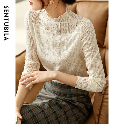 SENTUBILA Elegant Lace Blouses Hollow Half High Collar Blouse