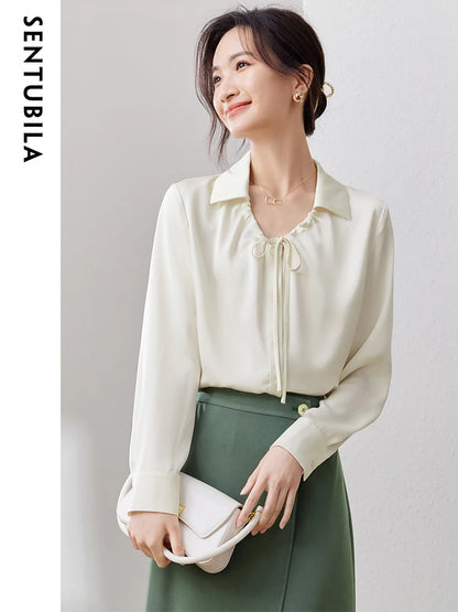 SENTUBILA Elegant Collared V Neck Chiffon Relaxed Fit Blouse