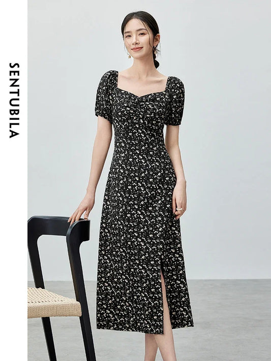 SENTUBILA Women Straight Print Dress   2024 Summer Diamond Collar Slit-hem Short Sleeve Floral Dress Holiday Dress 142L54849