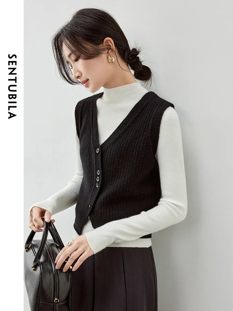 SENTUBILA V-Neck Knitted Vest Office Style