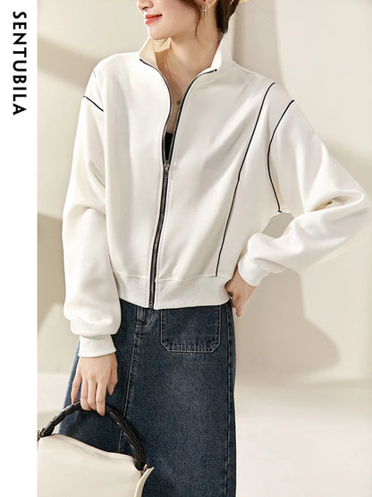 SENTUBILA Casual White Jacket Women Outerwear 2025 Spring Fashion Loose Stand Collar Full Zip