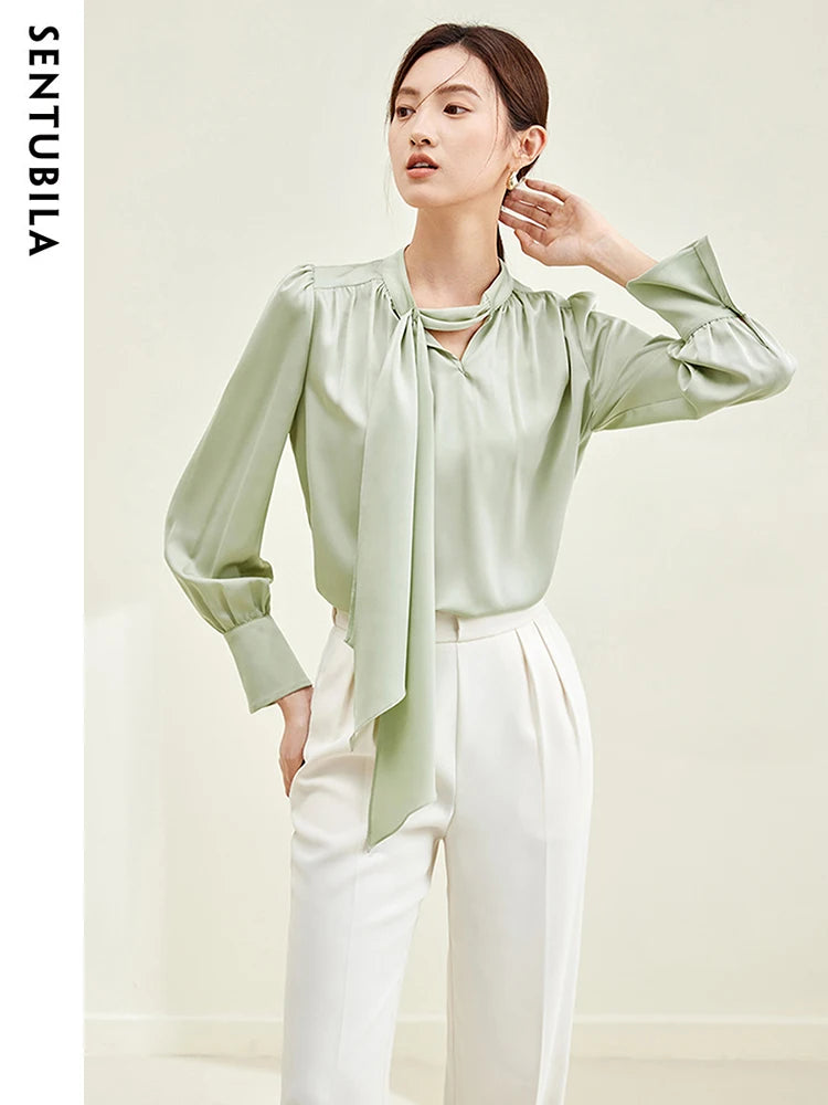 SENTUBILA Bow Tie Shirts & Blouses Elegant Chiffon Blouse V Neck