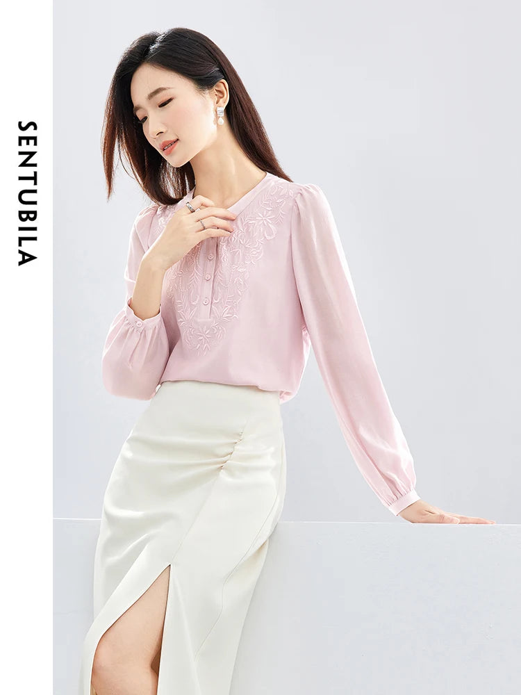 SENTUBILA Embroidery Pink Chiffon Shirts Blouse