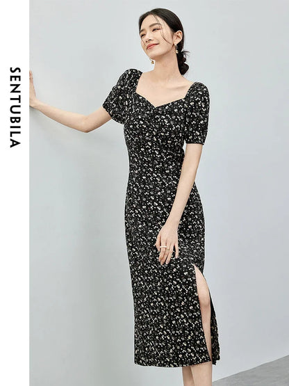 SENTUBILA Women Straight Print Dress   2024 Summer Diamond Collar Slit-hem Short Sleeve Floral Dress Holiday Dress 142L54849