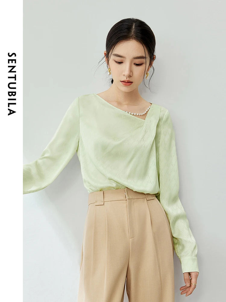 SENTUBILA Green Letter Jacquard Chiffon Blouse