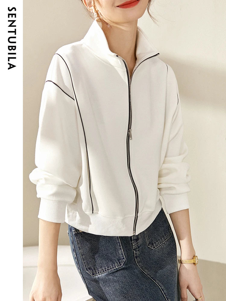 SENTUBILA Casual White Jacket Women Outerwear 2025 Spring Fashion Loose Stand Collar Full Zip