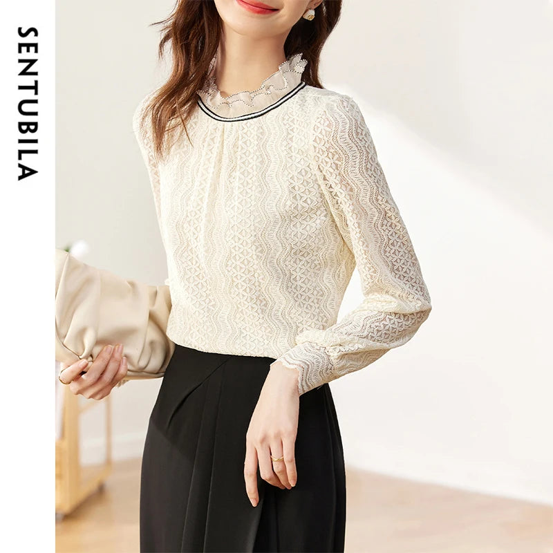 SENTUBILA Office Lace Blouse Elegant Spliced Ruffles Neck Lantern Sleeve