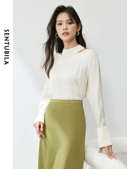 SENTUBILA Commute White Chiffon Blouse Cut Out Elegant Long Sleeve