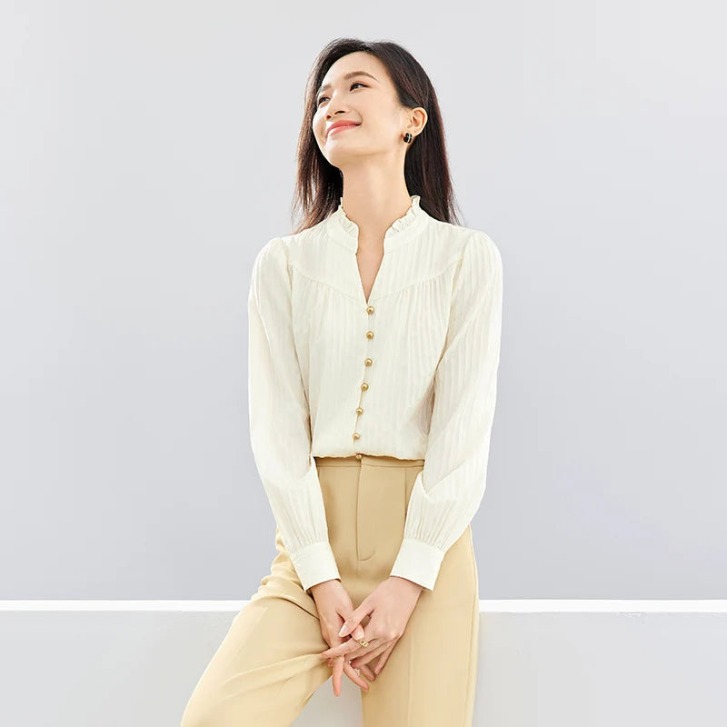 SENTUBILA Button Up Blouse Light Green Elegant Stand Collar