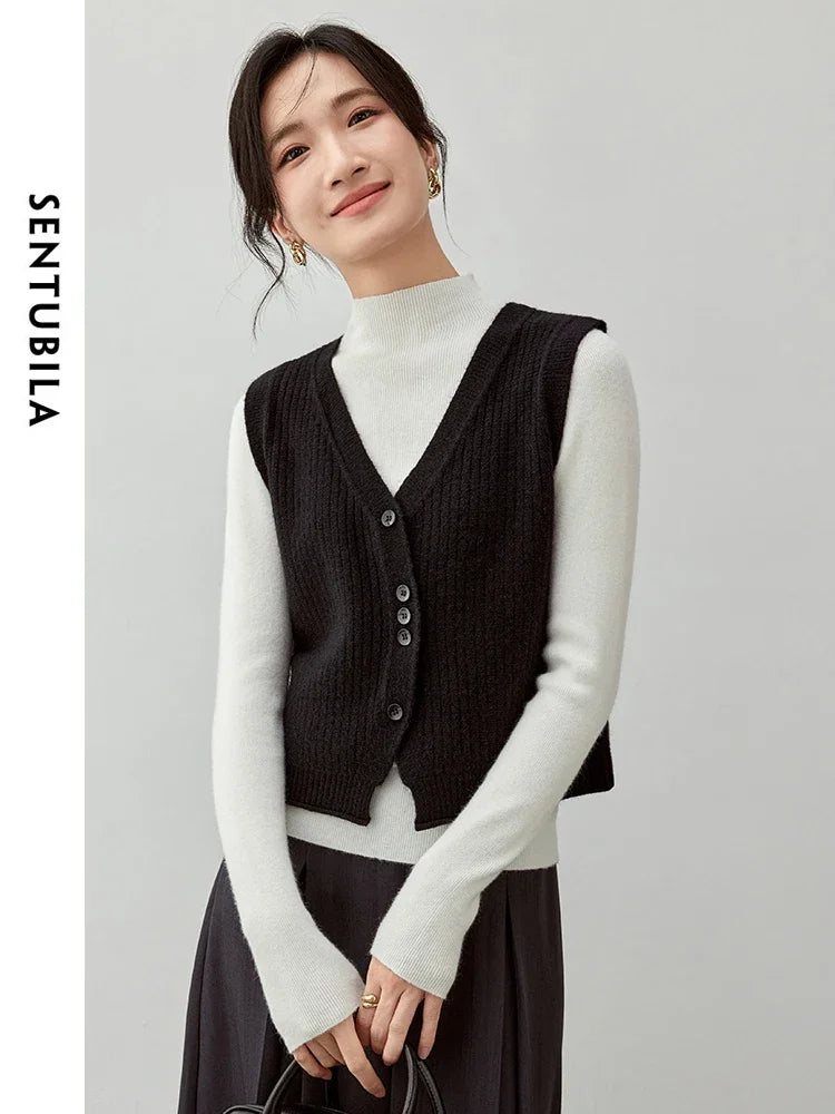 SENTUBILA V-Neck Knitted Vest Office Style