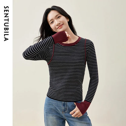 SENTUBILA Spliced Striped Knitted Retro Style O Neck Long Sleeve Cozy Slim Fit Knitwear