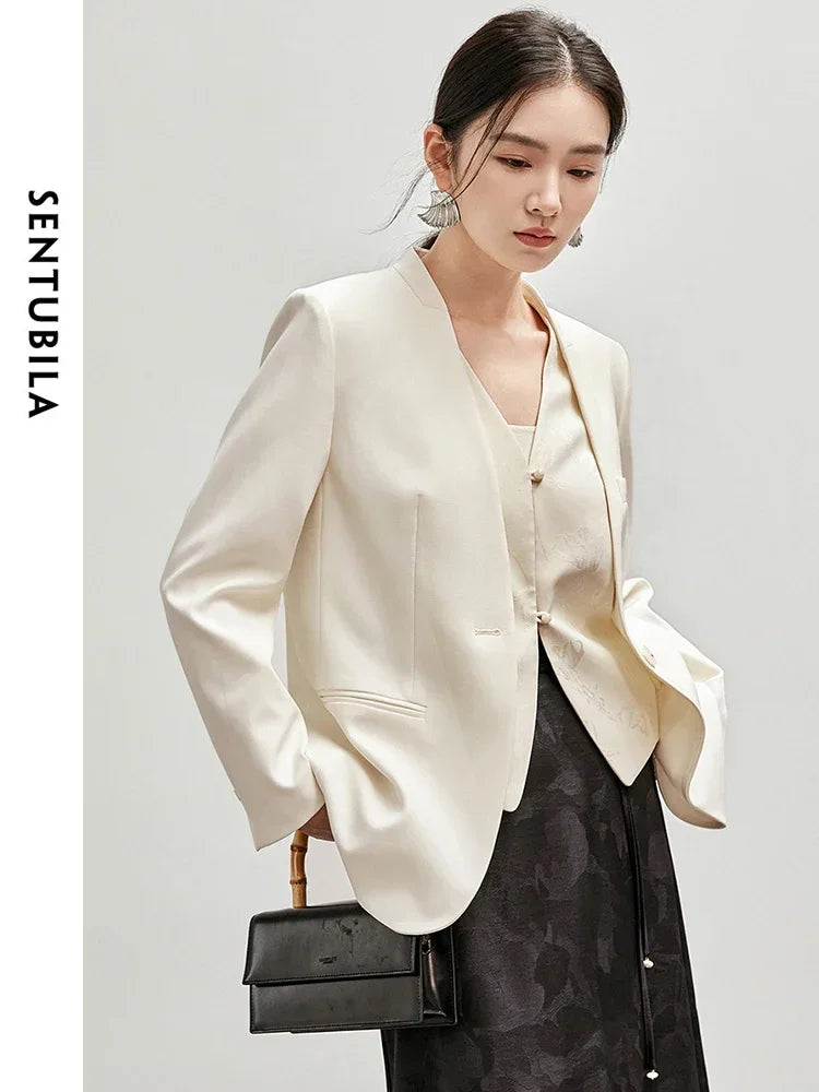 SENTUBILA Office Blazer Loose Solid V Neck Comfort Women