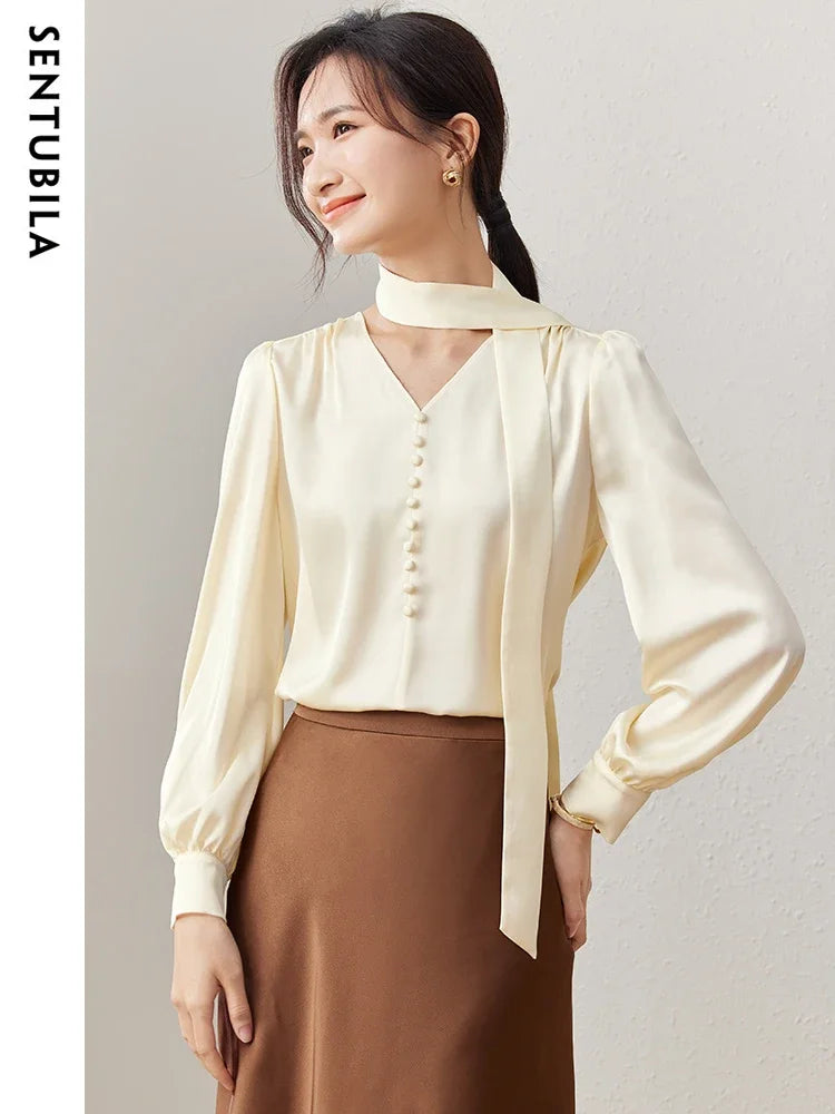 SENTUBILA Autumn Satin Blouse Tie up