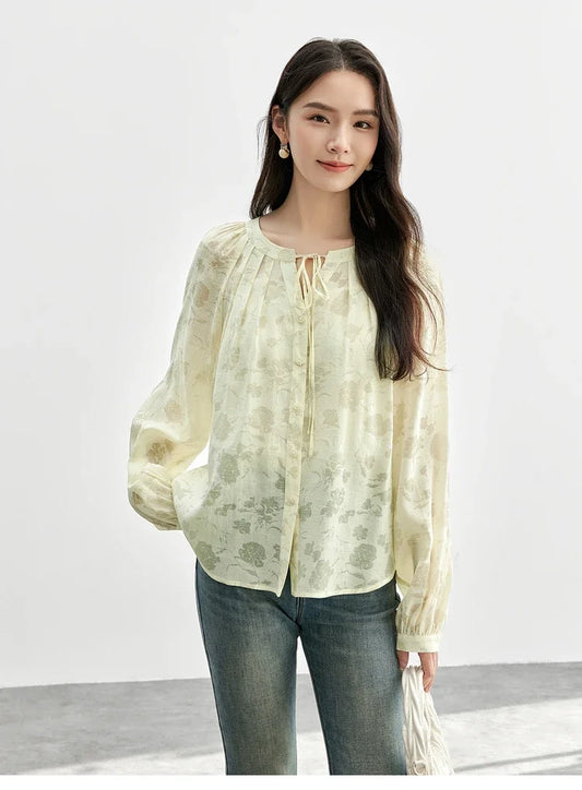 SENTUBILA Printing Women Blouse Hollow-out Lace-up O Collar Lantern Sleeve