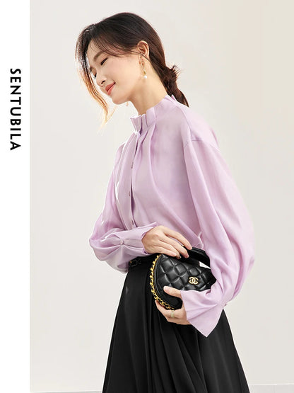 SENTUBILA Stand Collar Elegant Lyocell Shirt Spring Loose Petal Sleeve Button Up Woman Blouses Long Sleeves