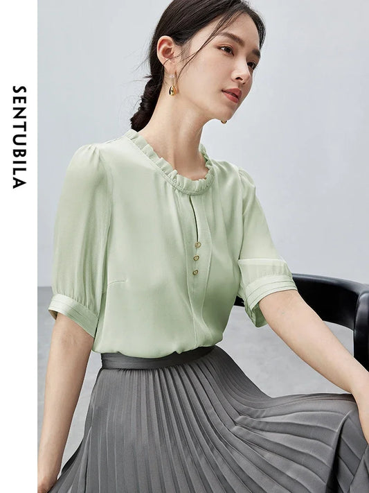 SENTUBILA Round Neck Chiffon Korean Commuter Comfort Spliced Blouse