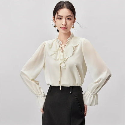 SENTUBILA Ruffled Collar Lace-up Bow Shirt