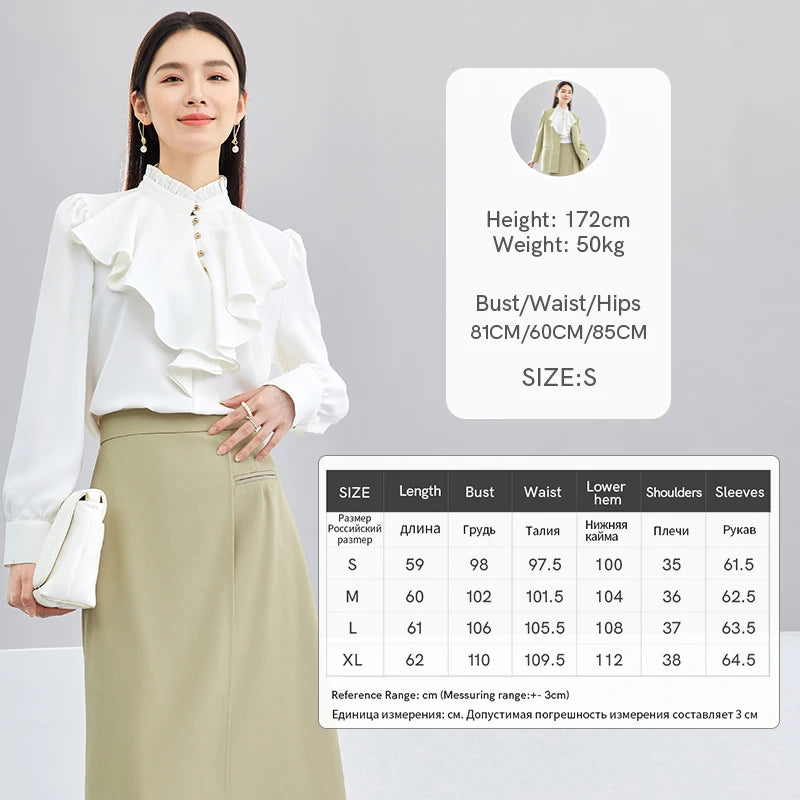 SENTUBILA Ruffles Chiffon White Shirts Spring Autumn Elegant Ruffled Collar