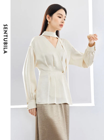 SENTUBILA Texture Satin Blouse Chiffon V Neck Long Sleeve Folds Metal Button